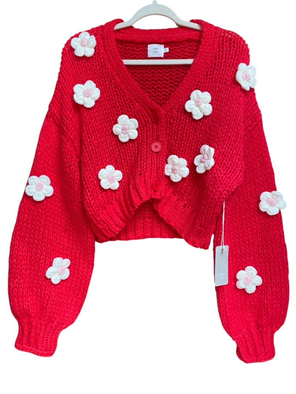 NWT Luna Ivy Red 3D Crochet Flower Applique Chunky Cardigan Coquette Twee-M